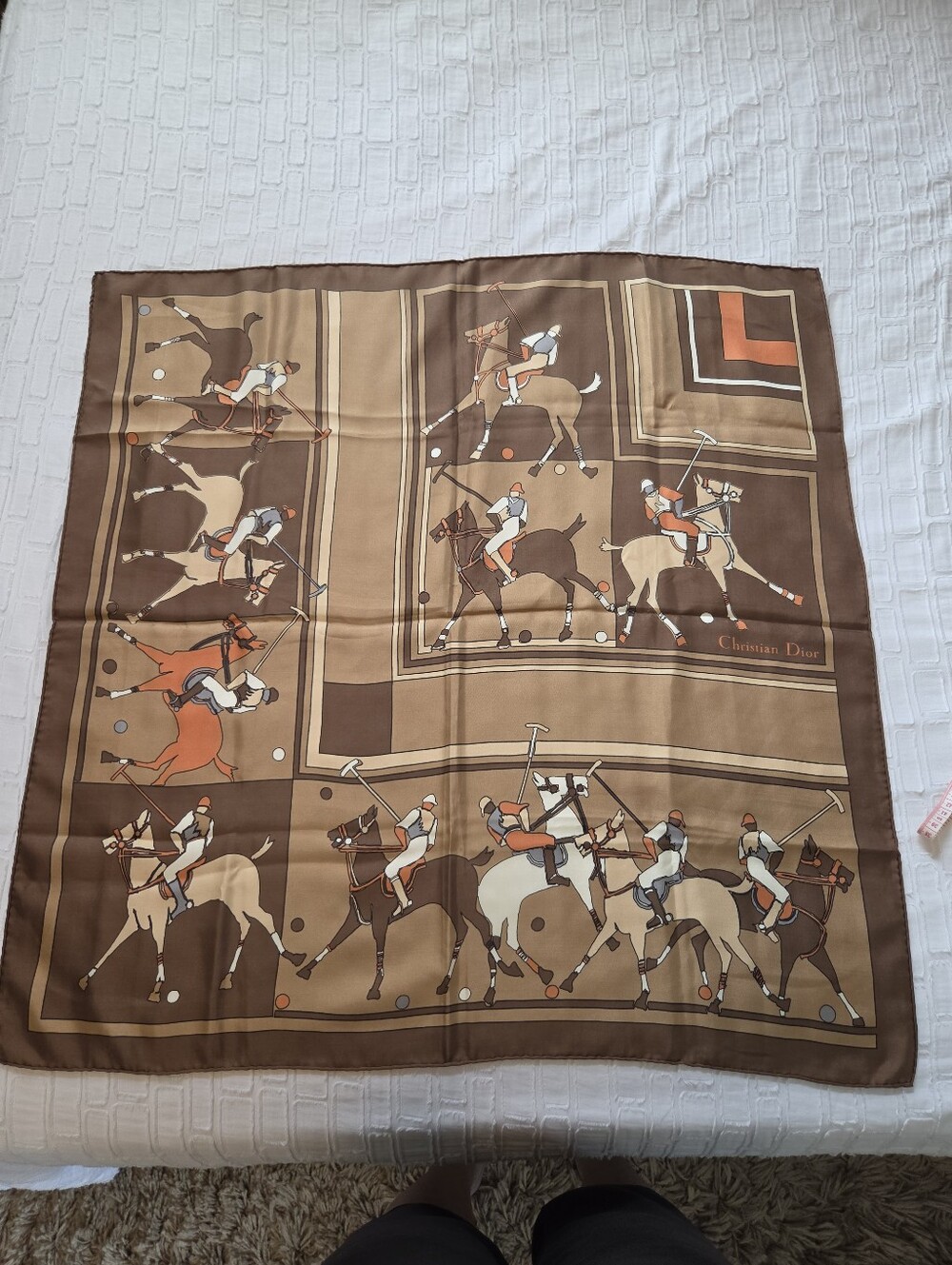 Christian Dior brown silk square scarf featuring equestrian polo 30 1/2 X 30 1/2